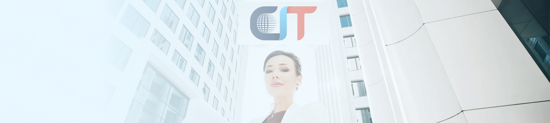 Background image of a woman standing between two tall buildings and looking at the camera with the Cal Interpreting and Translations logo above her head.