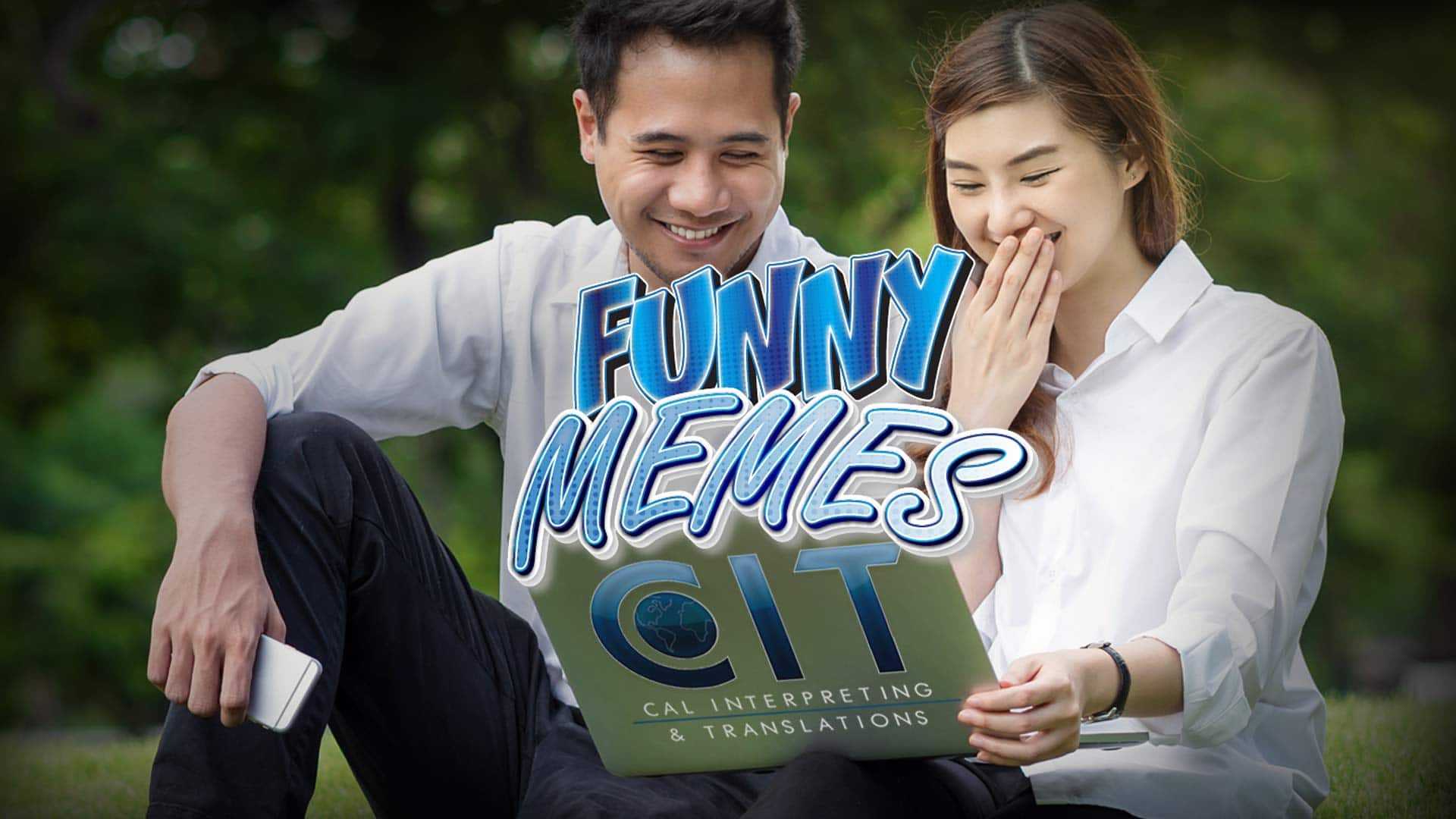 Asian couple sitting on grass with laptop laughing at a meme translated from English